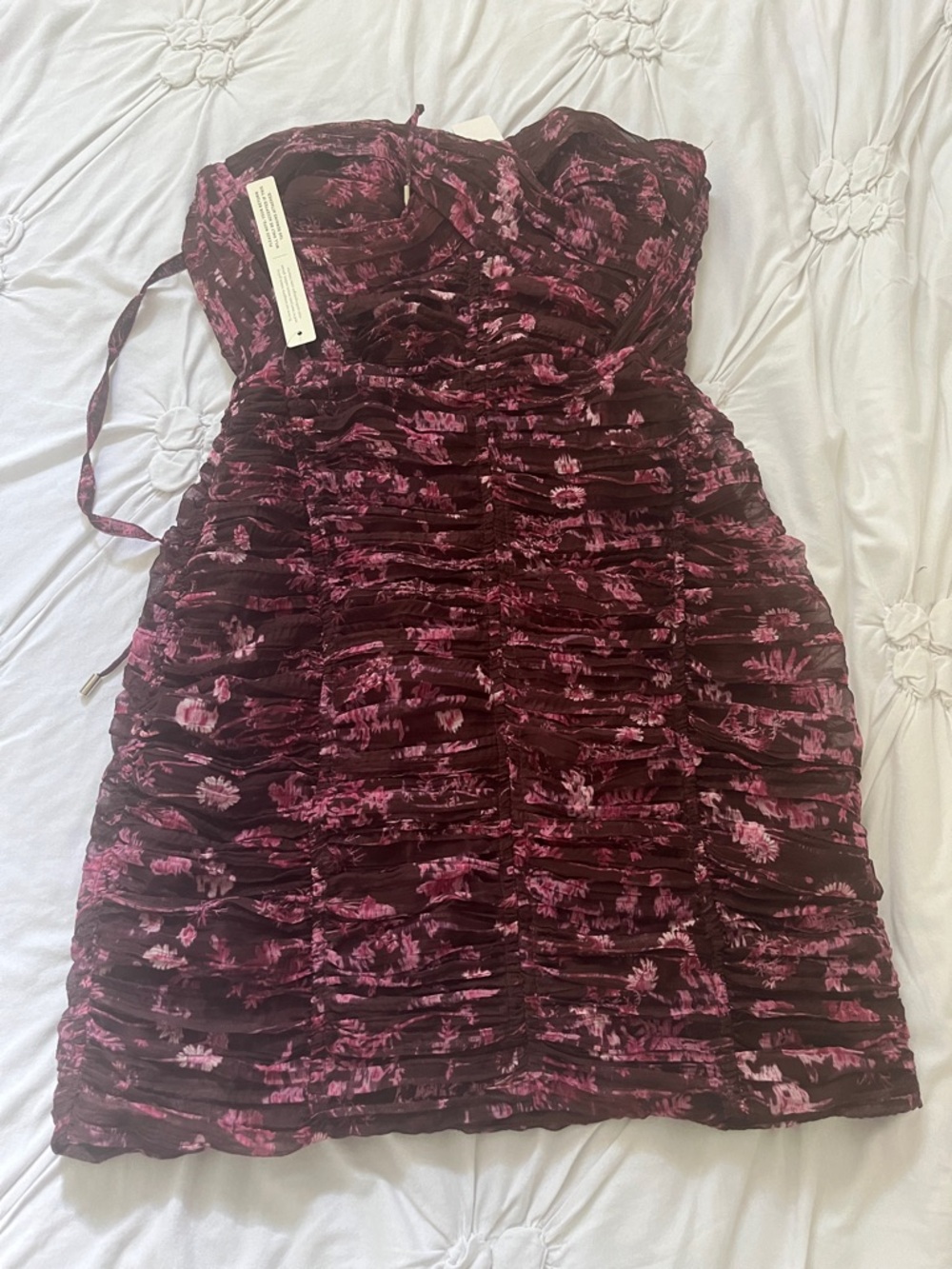 Anthropologie Strapless Ruched Floral Dress in Wine and Pink